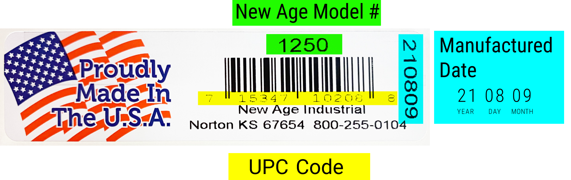 Example of a New Age Industrial product label, with the 5-digit model number highlighted above the bar code and the UPC code below.