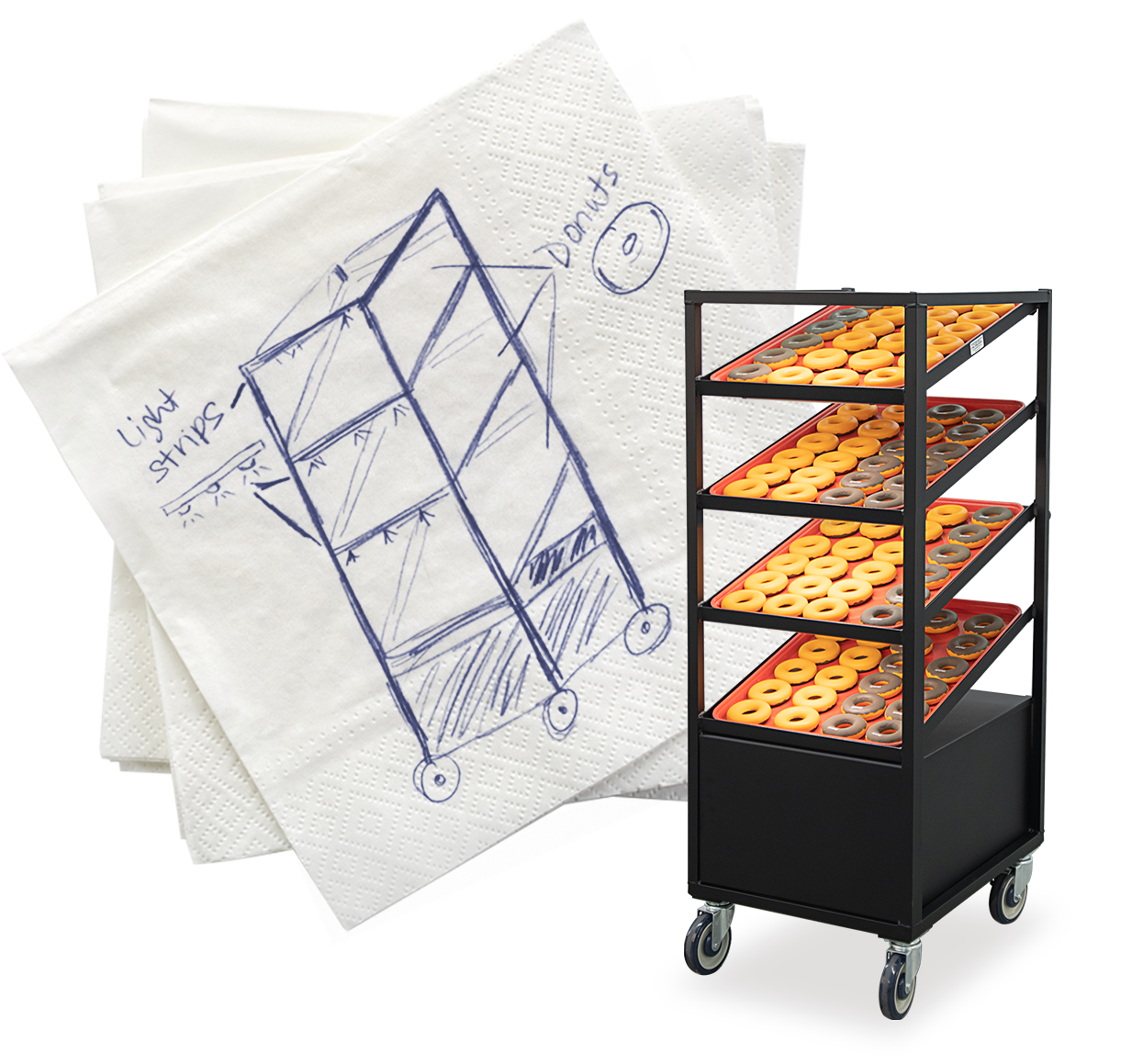 Napkin sketch of a donut display rack alongside the finished aluminum cart