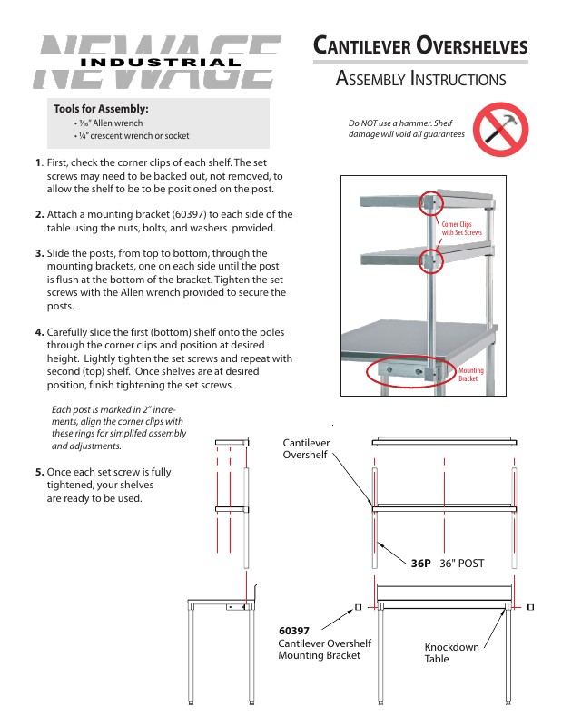 Cantilever Overshelves for KD Poly Top & Stainless Top Tables - Assembly Instructions